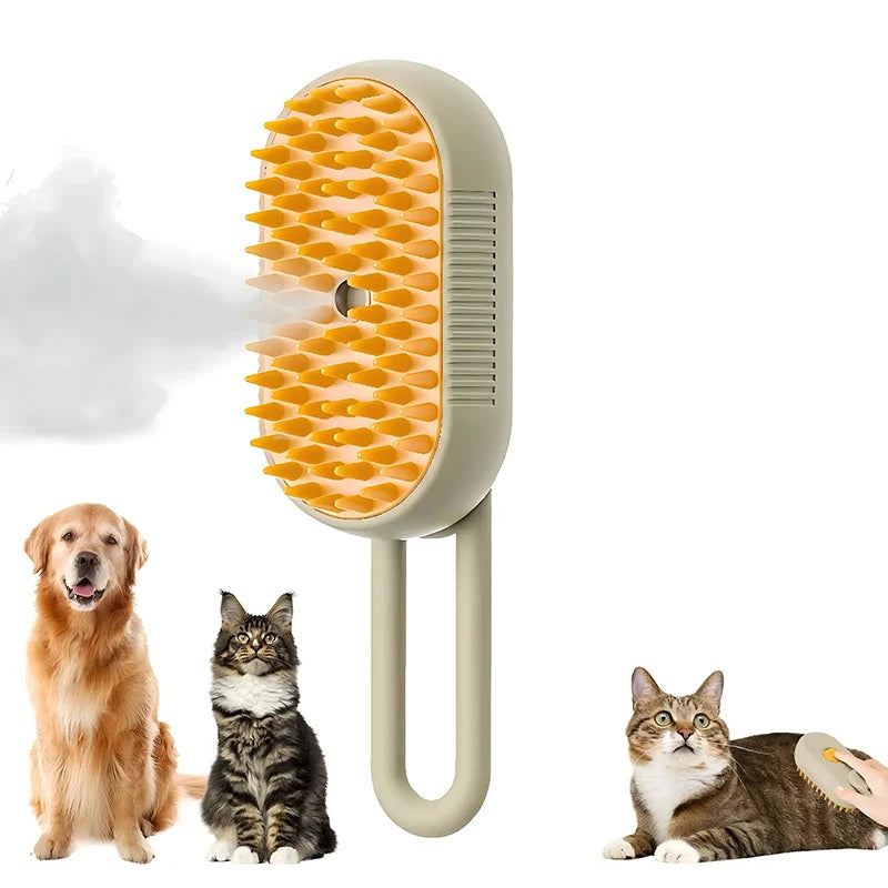 Cepillo de Vapor 3 en 1 para Mascotas – ¡Aseo, Masaje y Vapor en un Solo Paso!